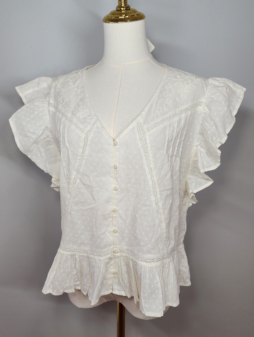 Levi's Aniston Cotton Ruffled Flutter-Sleeve Blouse Lace Embroidery Size L